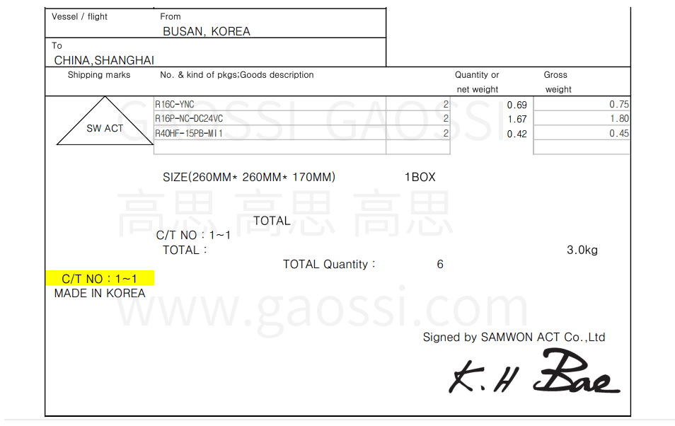 SAMWON ACT 三元 继电器终端端子台R16C-YNC、R16P-NC-DC24VC 进口装箱单PACKINGLIST